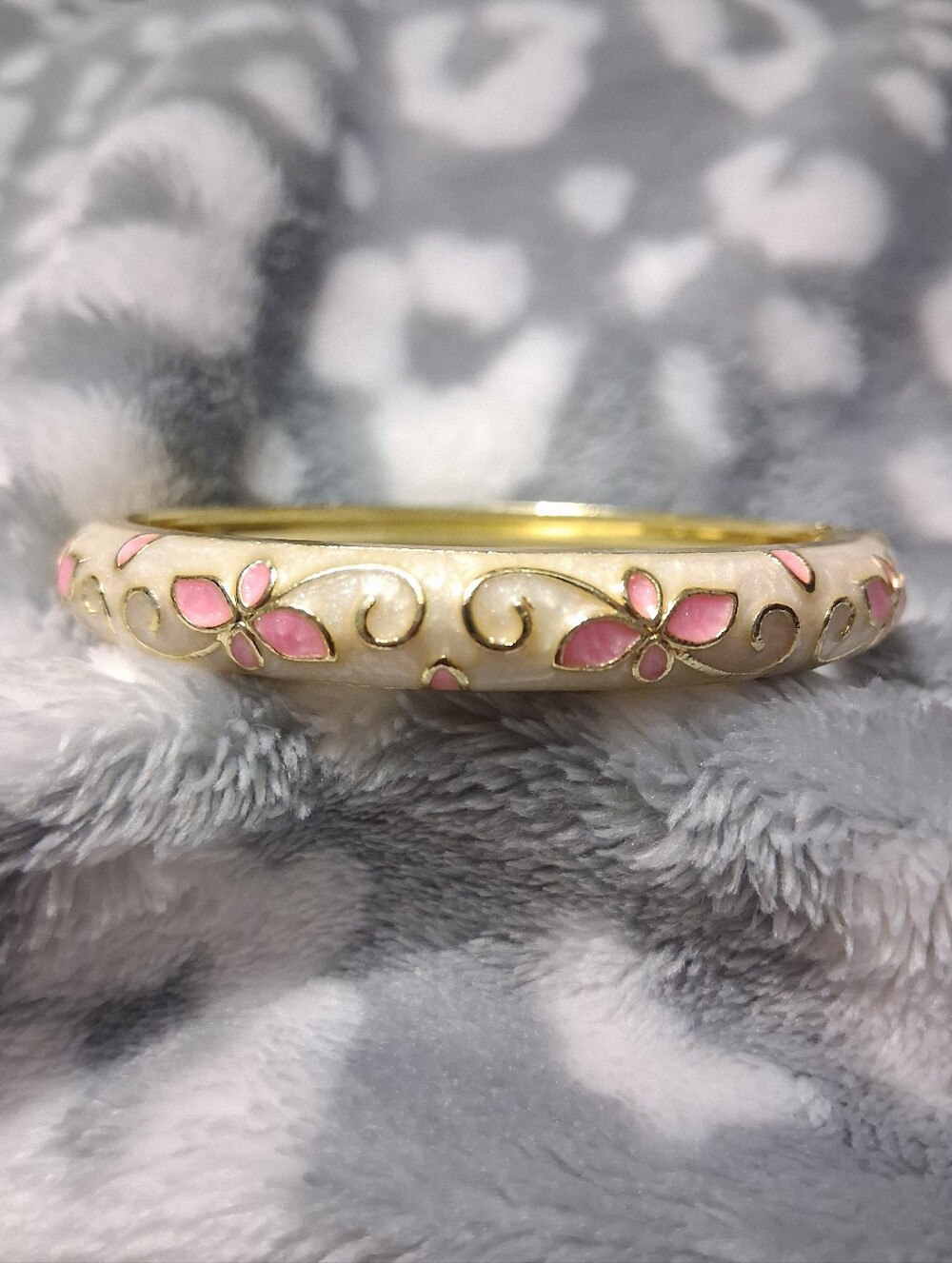 Gold-Tone Bangle Bracelet with Pink Enamel Floral Accents